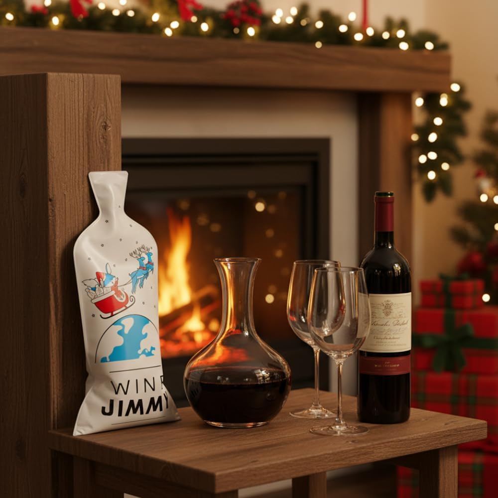 Jimmy Santa Edition| Reusable Wine Travel Protector Sleeves for Glass Bottles | Impact & Leak Resistant | Carrier Bag Luggage | Airplane Cruise Car | Gift Holiday Vacation Party | 6 Pack w/6 Bubble Wraps