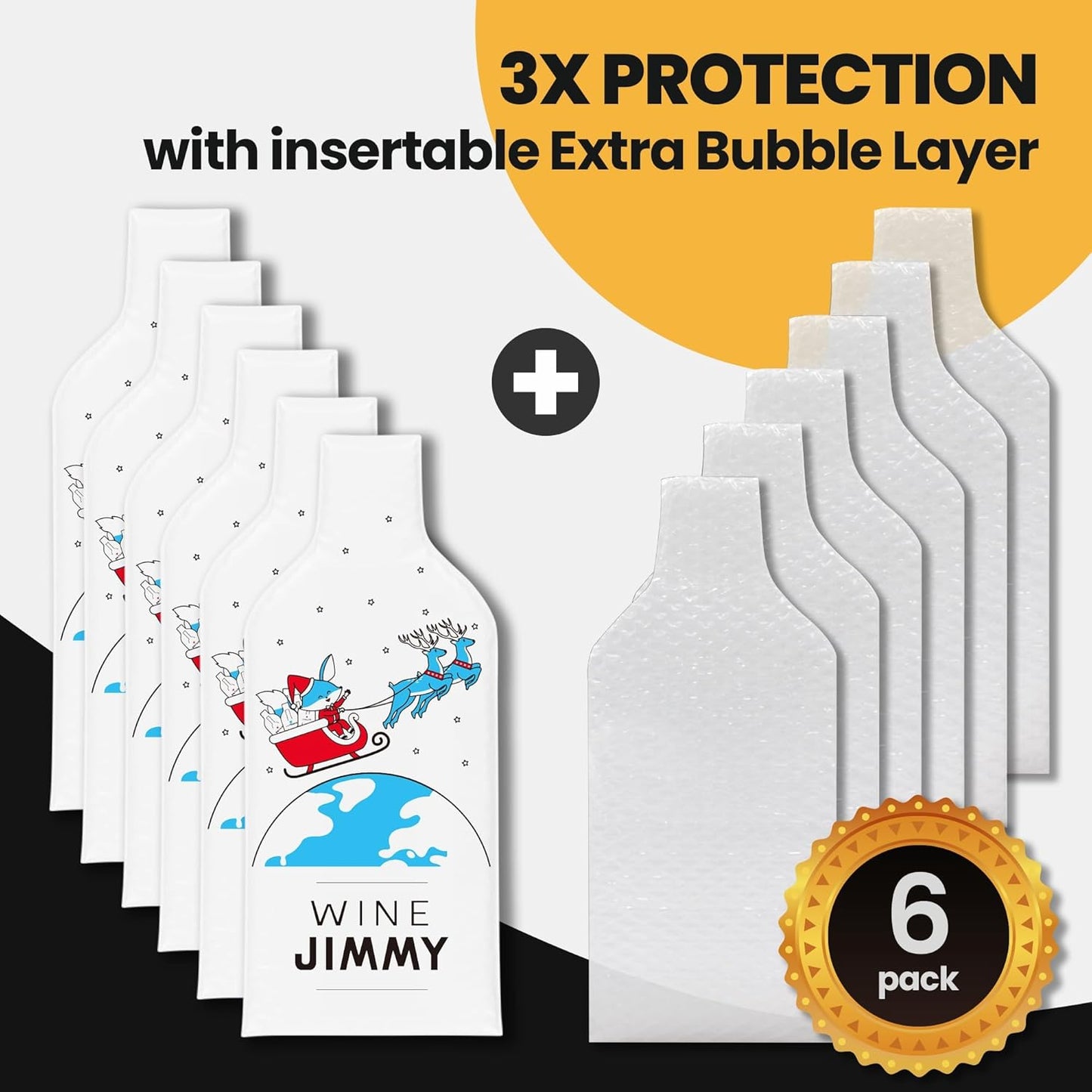 Jimmy Santa Edition| Reusable Wine Travel Protector Sleeves for Glass Bottles | Impact & Leak Resistant | Carrier Bag Luggage | Airplane Cruise Car | Gift Holiday Vacation Party | 6 Pack w/6 Bubble Wraps