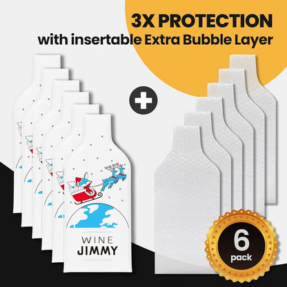 Jimmy Santa Edition| Reusable Wine Travel Protector Sleeves for Glass Bottles | Impact & Leak Resistant | Carrier Bag Luggage | Airplane Cruise Car | Gift Holiday Vacation Party | 6 Pack w/6 Bubble Wraps