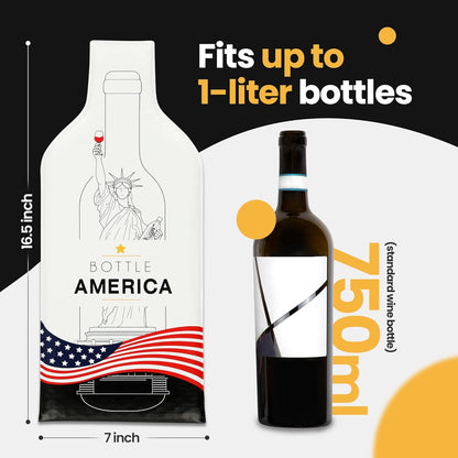 Bottle America Liberty| Reusable Wine Travel Protector Sleeves for Glass Bottles | Impact & Leak Resistant | Carrier Bag Luggage | Airplane Cruise Car | Gift Holiday Vacation Party | 3 Pack w/3 Bubble Wraps