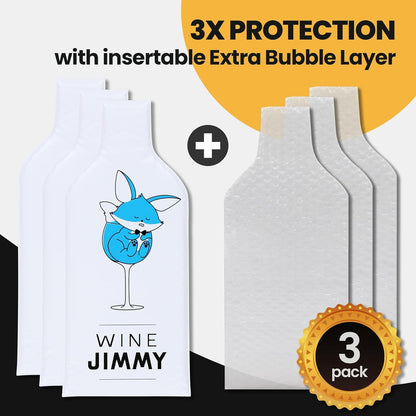 Wine Jimmy | Reusable Wine Travel Protector Sleeves for Glass Bottles | Impact & Leak Resistant | Carrier Bag Luggage | Airplane Cruise Car | Gift Holiday Vacation Party | 3 Pack w/3 Bubble Wraps