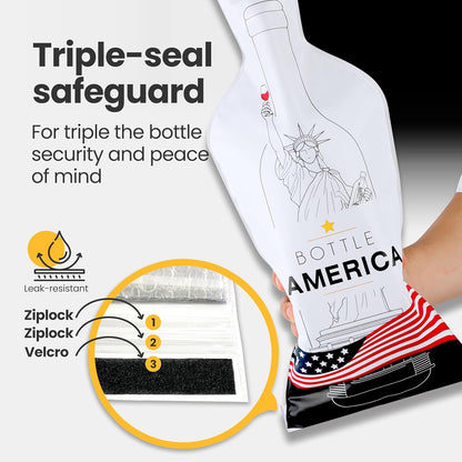 Bottle America Liberty| Reusable Wine Travel Protector Sleeves for Glass Bottles | Impact & Leak Resistant | Carrier Bag Luggage | Airplane Cruise Car | Gift Holiday Vacation Party | 3 Pack w/3 Bubble Wraps