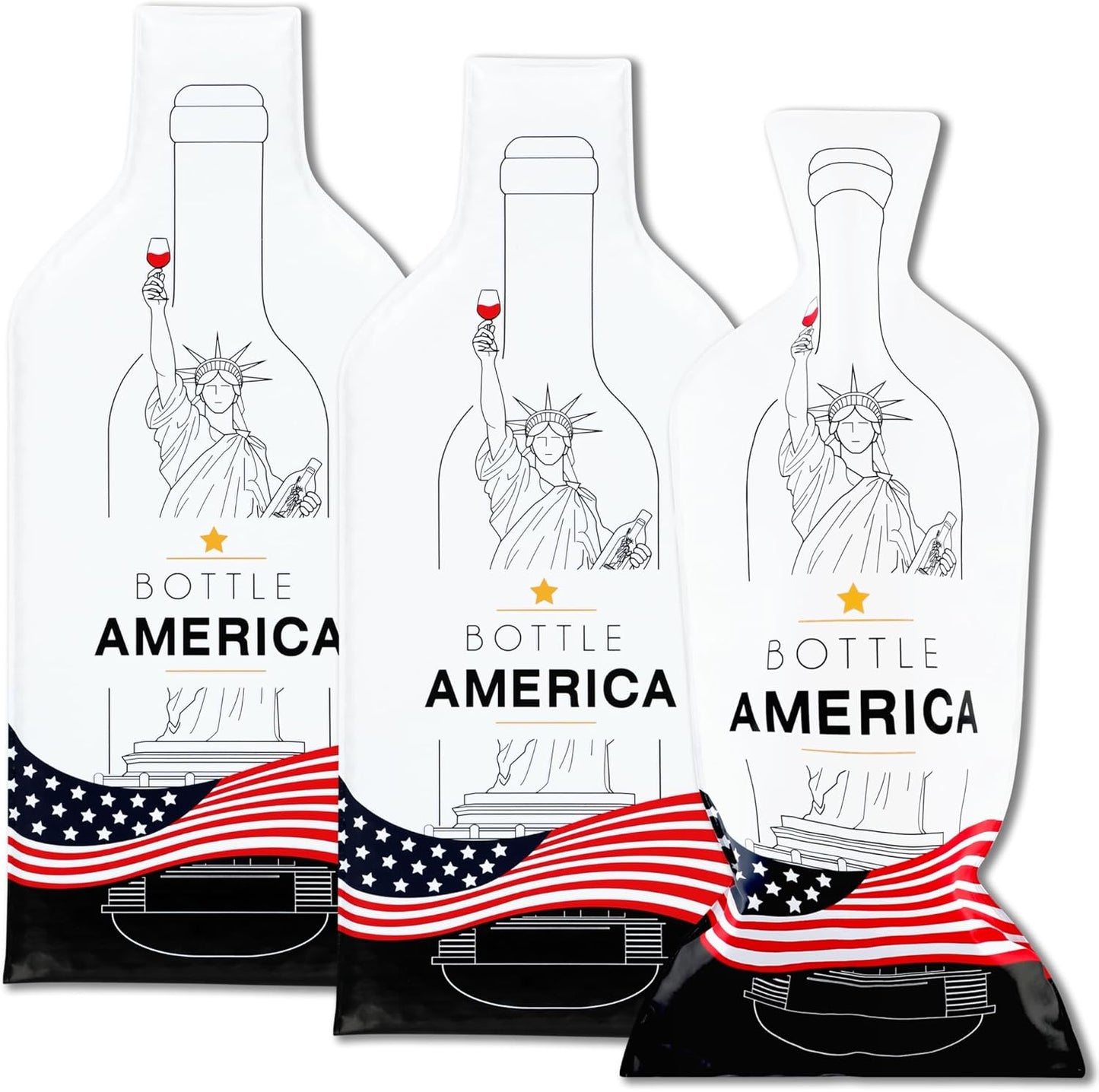 Bottle America Liberty| Reusable Wine Travel Protector Sleeves for Glass Bottles | Impact & Leak Resistant | Carrier Bag Luggage | Airplane Cruise Car | Gift Holiday Vacation Party | 3 Pack w/3 Bubble Wraps